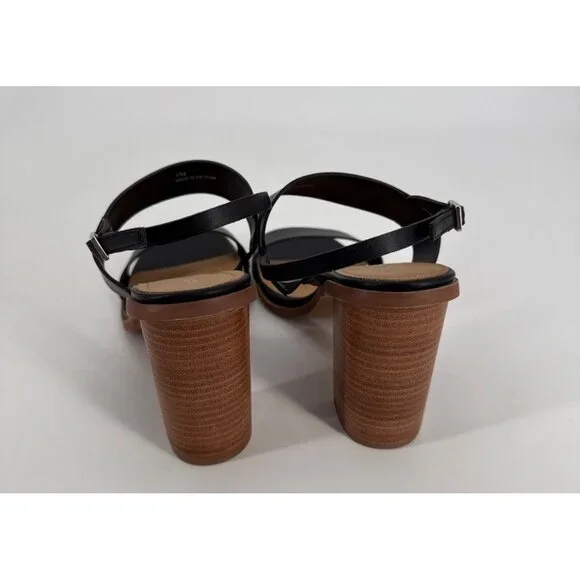 Lisa Vicky Oasis Sandals Black Leather Open Toe With Chunky Wooden Heel 9 New - Picture 3 of 11